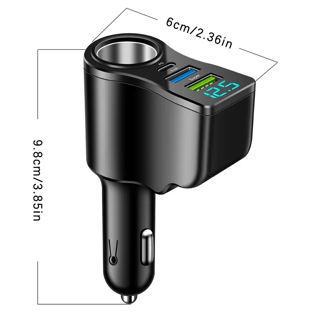 Carregador Automóvel 66W 3 Portas | Dual USB + Acendedor Ecrã Digital 6