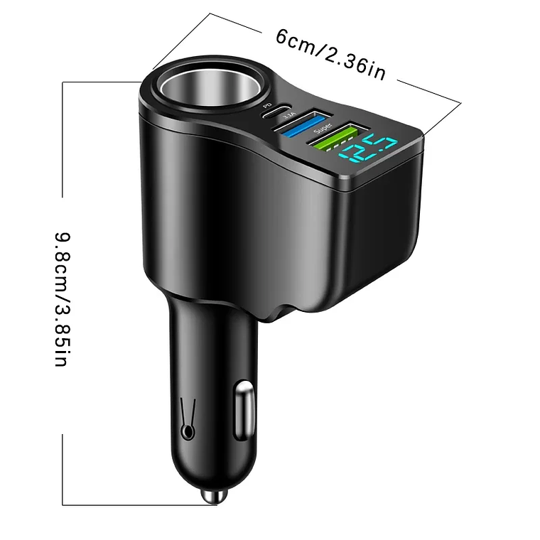 Carregador Automóvel 66W 3 Portas | Dual USB + Acendedor Ecrã Digital 6