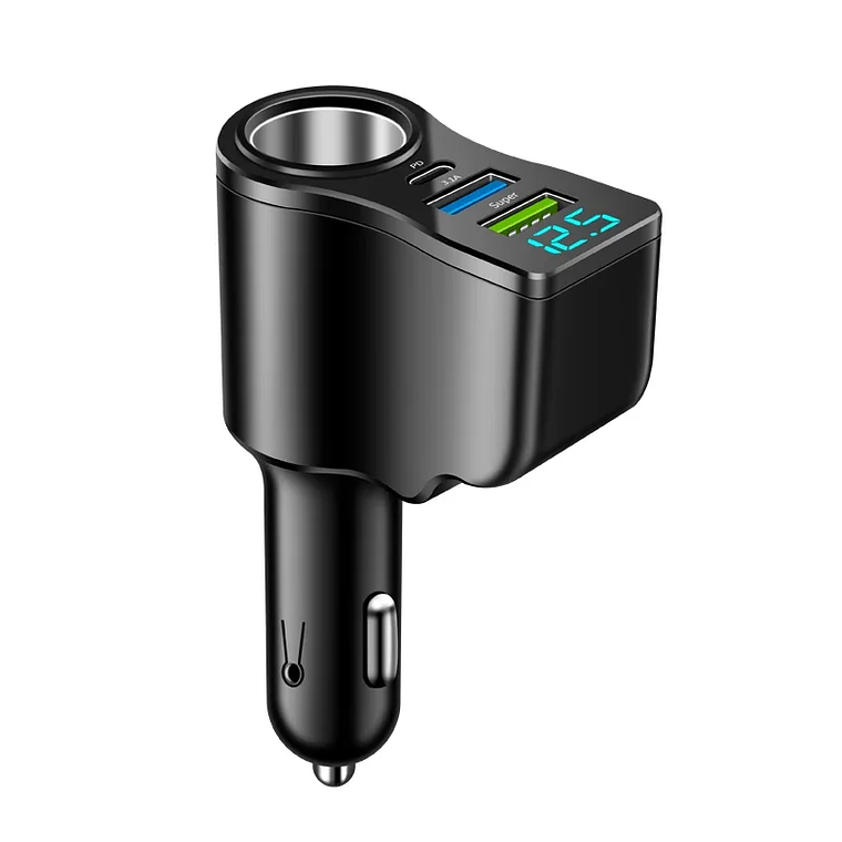 Carregador Automóvel 66W 3 Portas | Dual USB + Acendedor Ecrã Digital 7