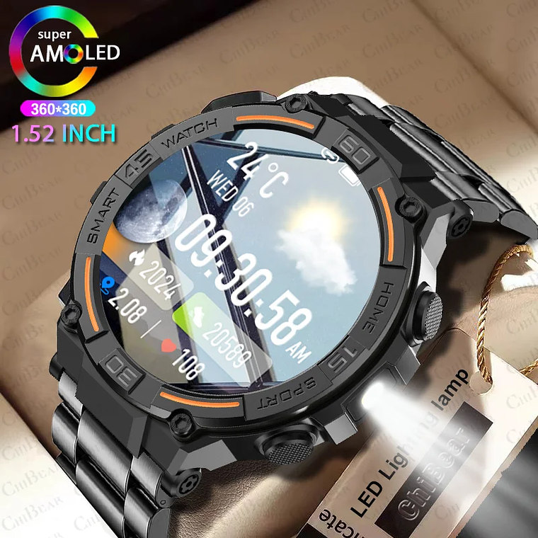 Smartwatch Militar Masculino ChiBear | Lanterna LED, Monitor Saúde 24h, Chamadas Bluetooth, Tela HD 360x360, IP67 1