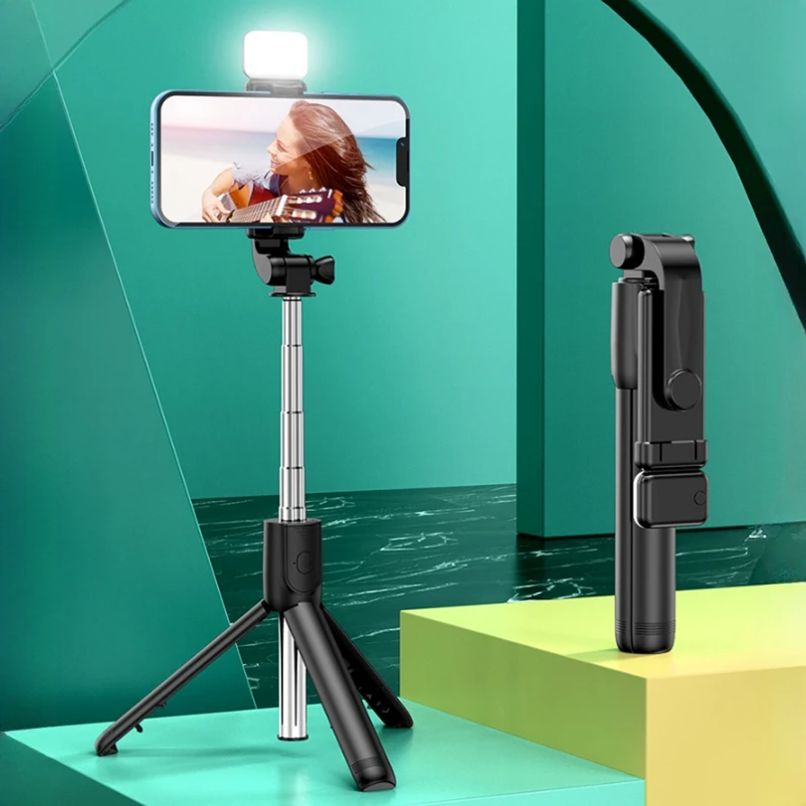 Tripé e Selfie Stick All-in-One para iPhone | Expansível, com Controle Remoto Bluetooth Removível - Suporte Universal para Smartphones 1