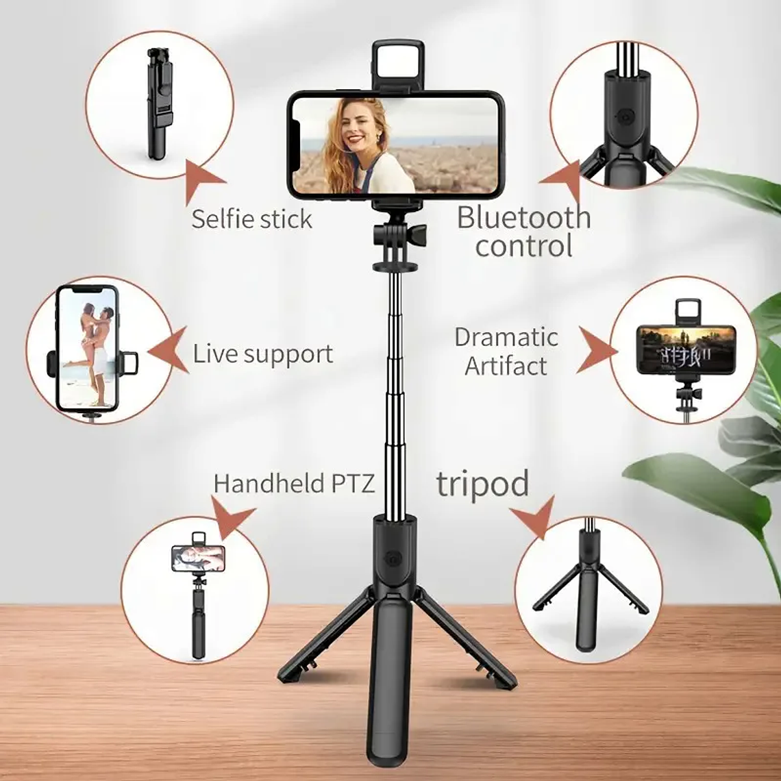 Tripé e Selfie Stick All-in-One para iPhone | Expansível, com Controle Remoto Bluetooth Removível - Suporte Universal para Smartphones 5