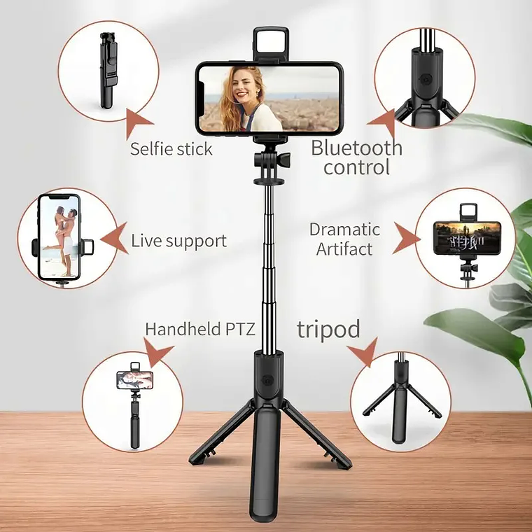 Tripé e Selfie Stick All-in-One para iPhone | Expansível, com Controle Remoto Bluetooth Removível - Suporte Universal para Smartphones 5