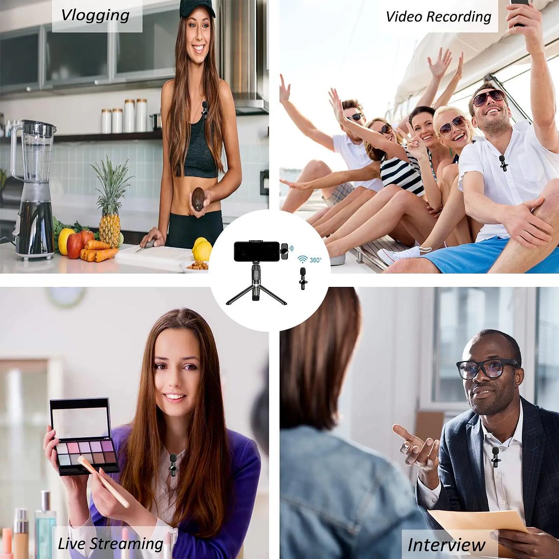 Microfone de Lapela Sem Fio 2.4G com Cancelamento de Ruído | Compatível com iPhone, Android, PC para Gravação, Lives e Jogos 5