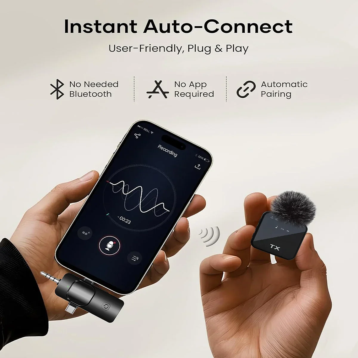 Microfone Sem Fio 3 em 1 para iPhone e Android | Lavalier com Transmissão de 100m, Redução de Ruído - Ideal para YouTube, TikTok e Entrevistas 3