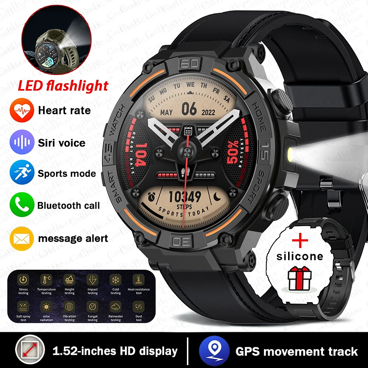 Smartwatch Militar Masculino ChiBear | Lanterna LED, Monitor Saúde 24h, Chamadas Bluetooth, Tela HD 360x360, IP67 7
