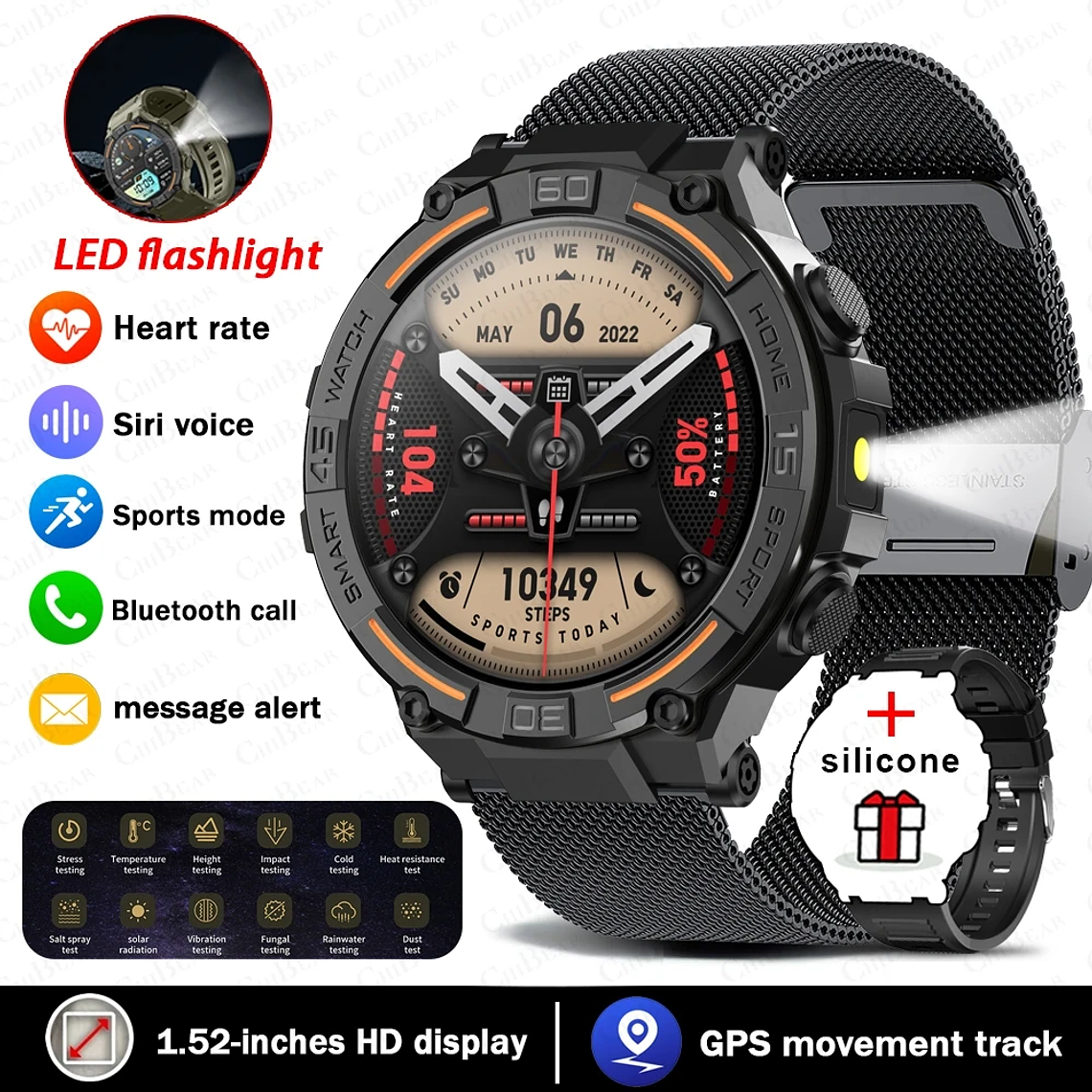 Smartwatch Militar Masculino ChiBear | Lanterna LED, Monitor Saúde 24h, Chamadas Bluetooth, Tela HD 360x360, IP67 9