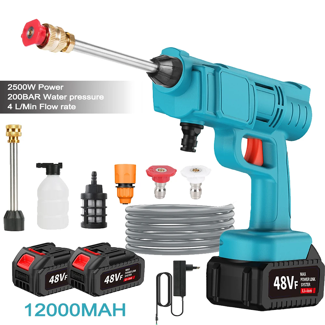 Lava Jato Portátil 200BAR 2500W Recarregável | Pistola de Alta Pressão sem Fio com Bateria 12000mAh, Mangueira 5m - Para Carro, Casa e Jardim 2