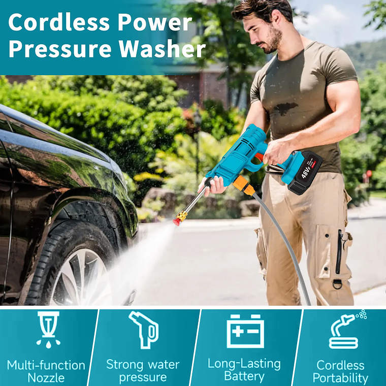 Lava Jato Portátil 200BAR 2500W Recarregável | Pistola de Alta Pressão sem Fio com Bateria 12000mAh, Mangueira 5m - Para Carro, Casa e Jardim 4