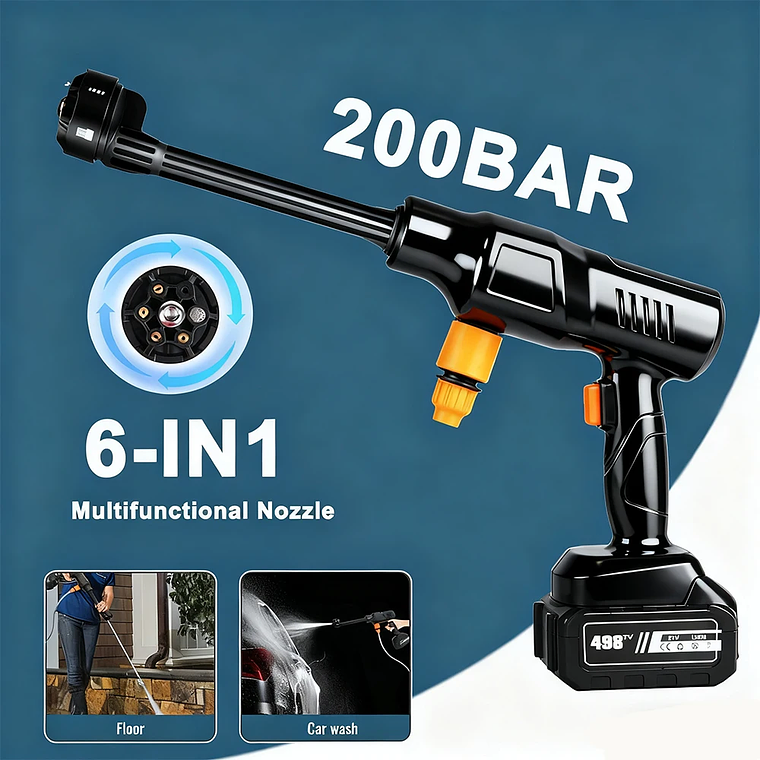 Lava Jato Portátil 200 BAR Recarregável | Pistola de Água 6 em 1 com Bateria de Íon-Lítio, 5m Mangueira e 1500W - Para Carro e Casa 1