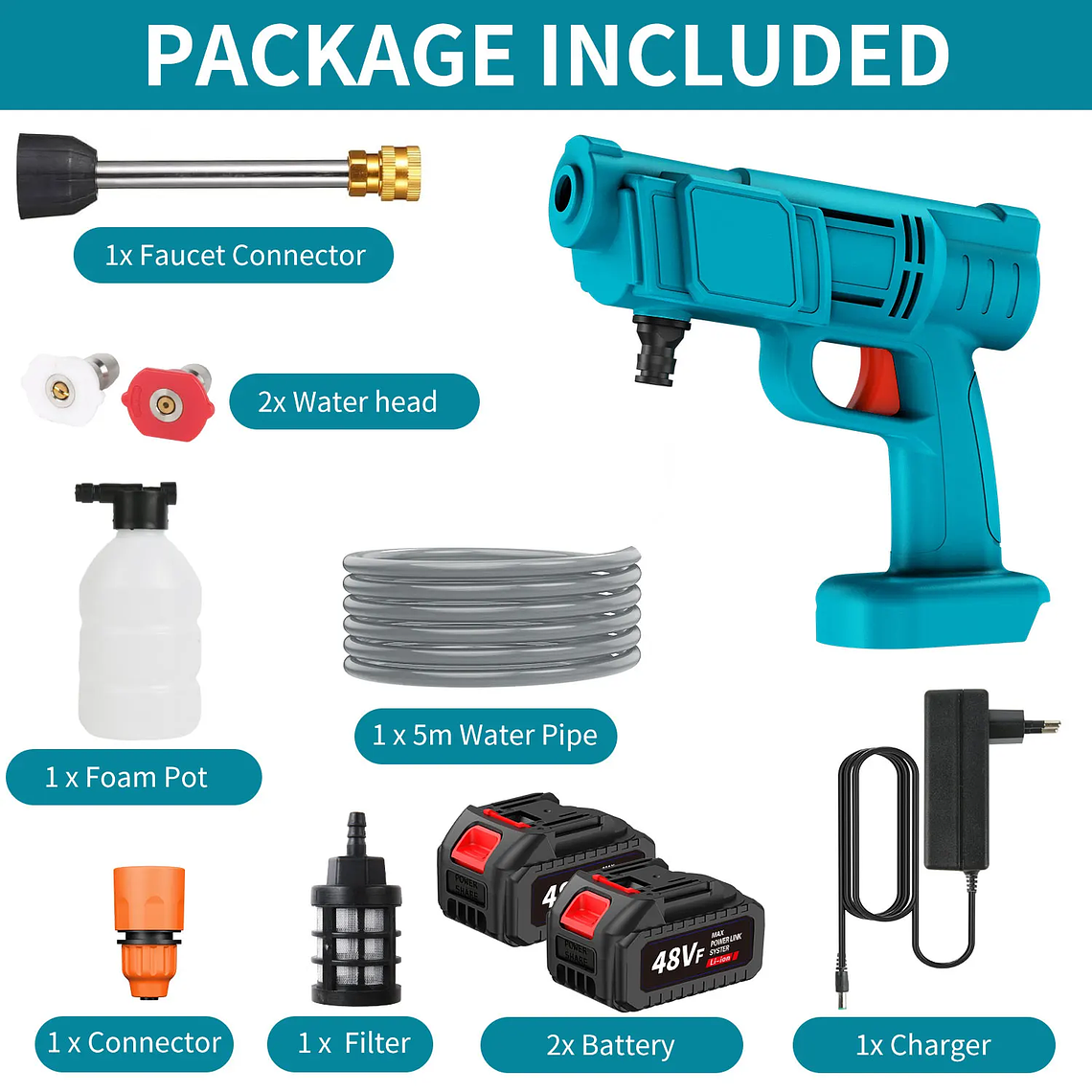 Lava Jato Portátil 200BAR 2500W Recarregável | Pistola de Alta Pressão sem Fio com Bateria 12000mAh, Mangueira 5m - Para Carro, Casa e Jardim 7