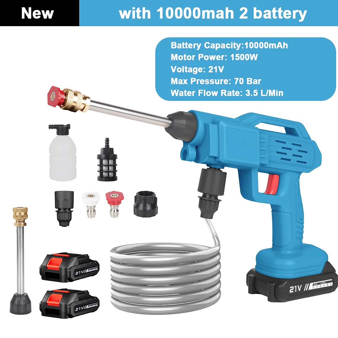 Lava Jato Portátil 200BAR 2500W Recarregável | Pistola de Alta Pressão sem Fio com Bateria 12000mAh, Mangueira 5m - Para Carro, Casa e Jardim 8