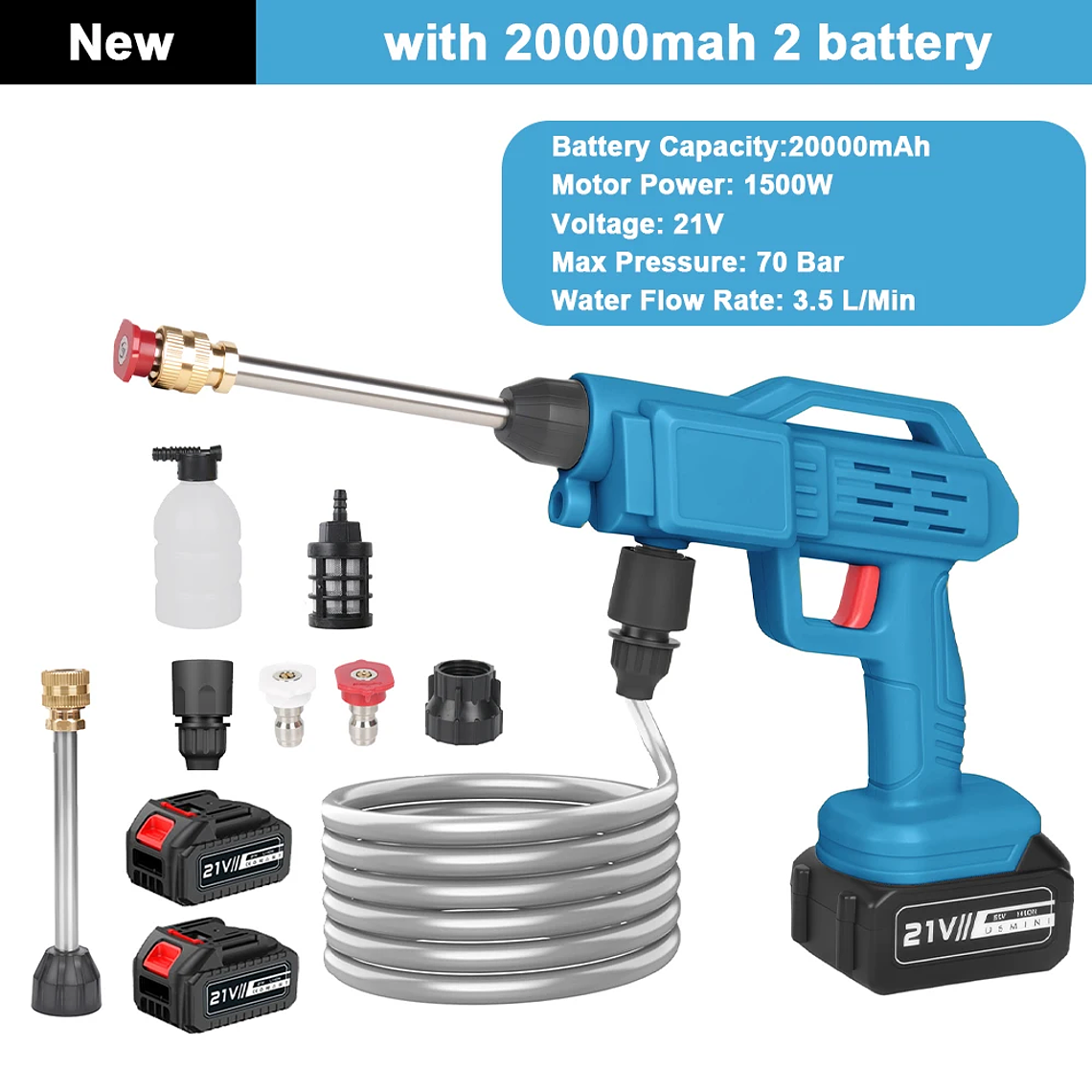 Lava Jato Portátil 200BAR 2500W Recarregável | Pistola de Alta Pressão sem Fio com Bateria 12000mAh, Mangueira 5m - Para Carro, Casa e Jardim 9