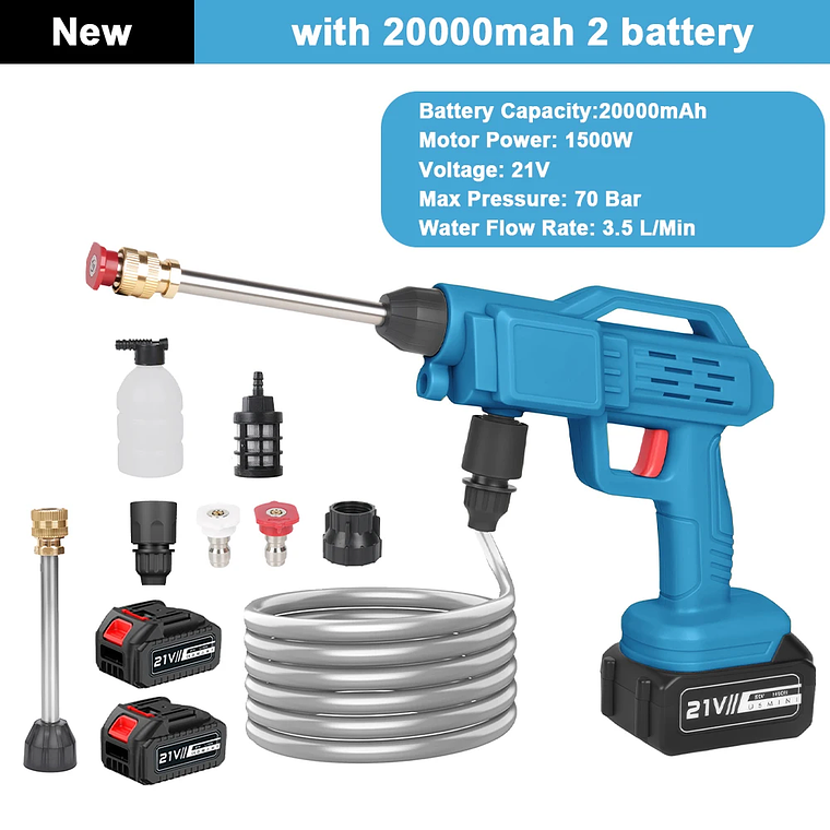 Lava Jato Portátil 200BAR 2500W Recarregável | Pistola de Alta Pressão sem Fio com Bateria 12000mAh, Mangueira 5m - Para Carro, Casa e Jardim 9