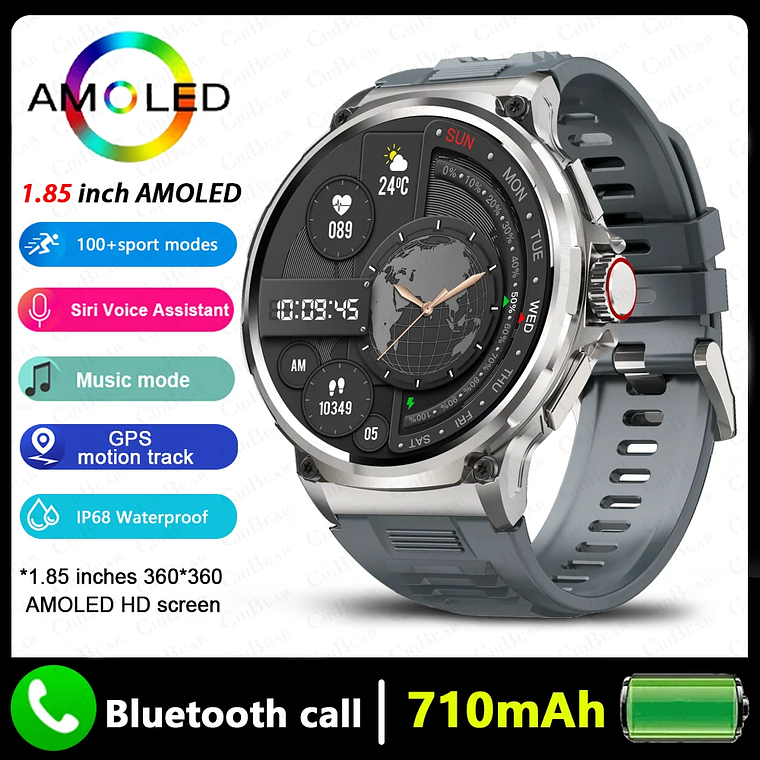 Smartwatch Masculino Jooeniok 2026 | Tela AMOLED 1.85”, GPS, Bateria 710mAh, Chamadas Bluetooth, IP68 - Para Android e iOS 11