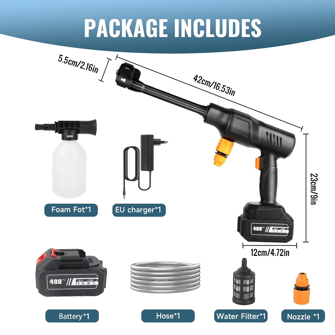 Lava Jato Portátil 200 BAR Recarregável | Pistola de Água 6 em 1 com Bateria de Íon-Lítio, 5m Mangueira e 1500W - Para Carro e Casa 7