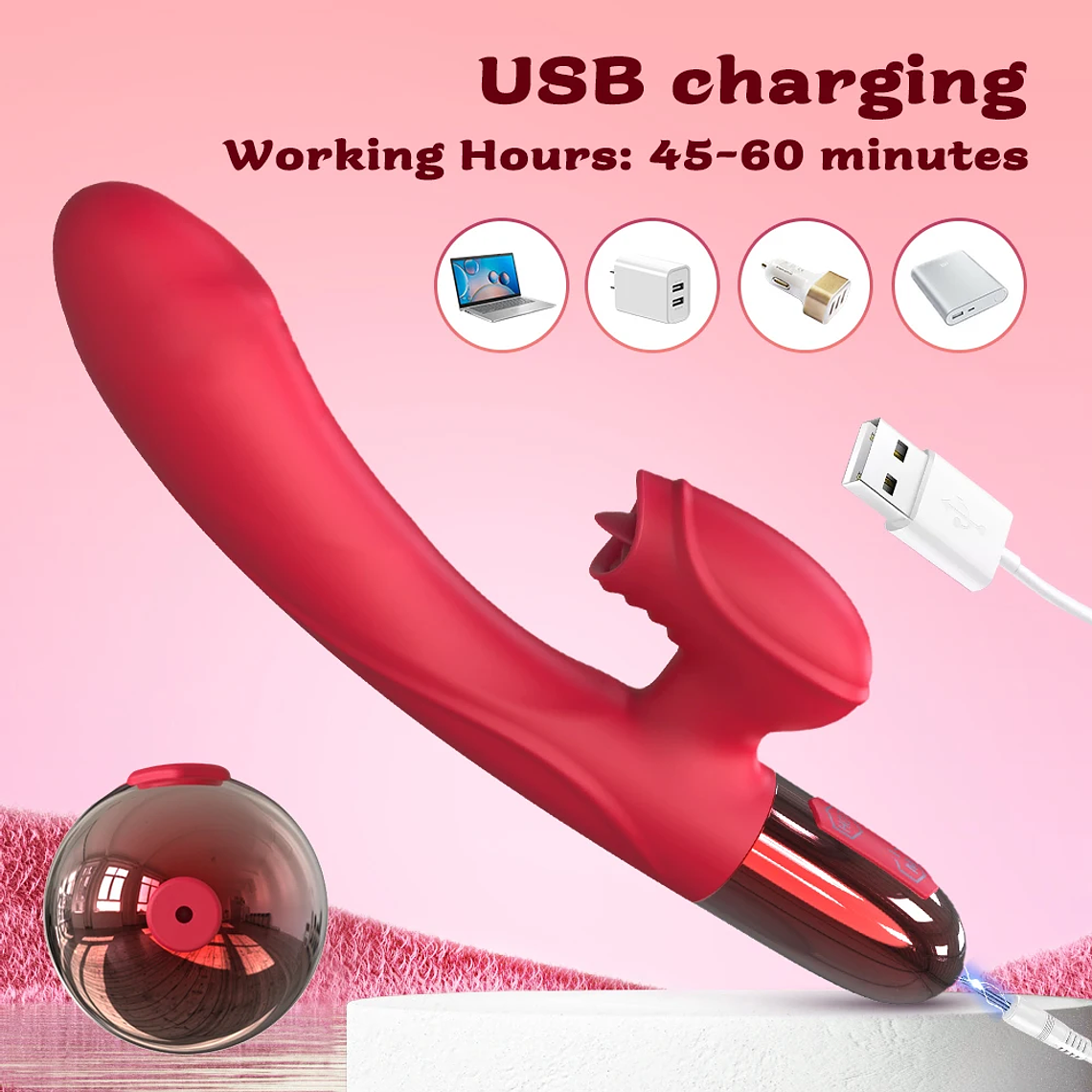 Vibrador Duplo com Língua que Lambe - Estimulador de Clitóris Realista e Dildo para Ponto G | Silicone Macio e Potente 4