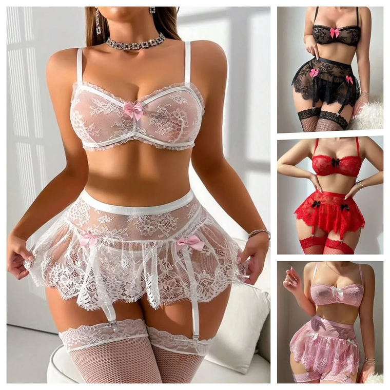 3-Piece Lace and Tulle Lingerie Set | Bandeau Top, Skirt, and Thong Panties - Valentine's Day Gift 1