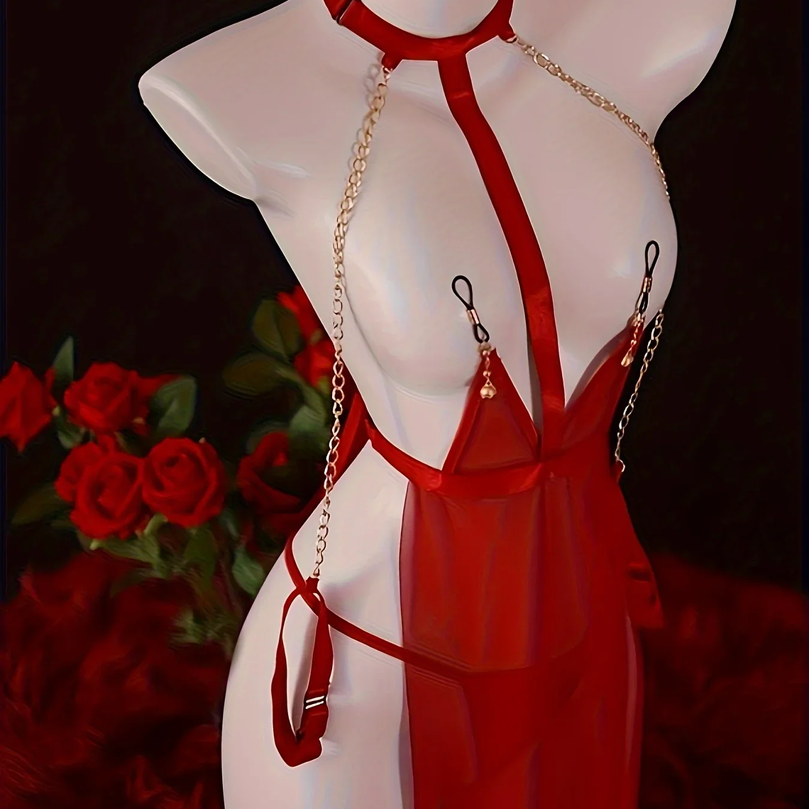 Body de Noite Vermelho com Alças de Corrente Dourada | Lingerie em Malha Transparente - Babydoll Sensual 1