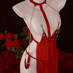 Body de Noite Vermelho com Alças de Corrente Dourada | Lingerie em Malha Transparente - Babydoll Sensual