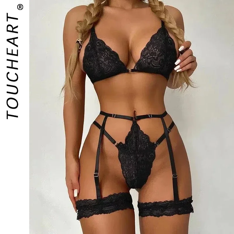 Conjunto de Lingerie em Renda Fina Transparente 3 Peças - Toucheart 1