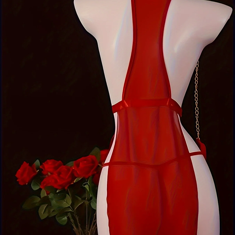 Body de Noite Vermelho com Alças de Corrente Dourada | Lingerie em Malha Transparente - Babydoll Sensual 2