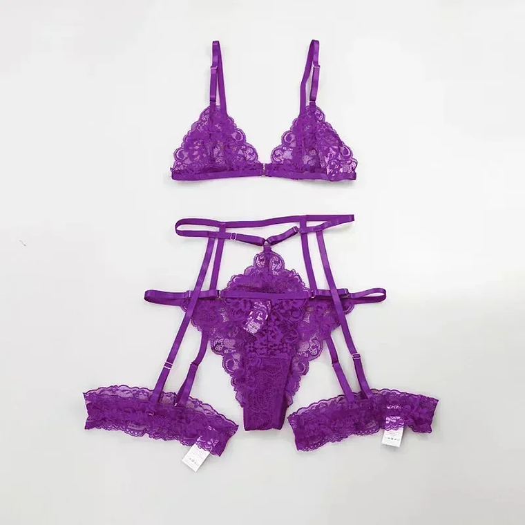 Conjunto de Lingerie em Renda Fina Transparente 3 Peças - Toucheart 7