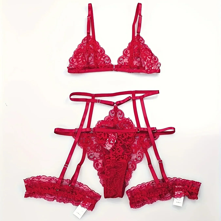 Conjunto de Lingerie em Renda Fina Transparente 3 Peças - Toucheart 11