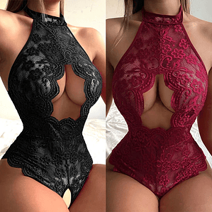 Body de Renda Transparente com Decote Profundo e Costas Abertas - Macacão Lingerie Sensual | BabyDoll Ousado