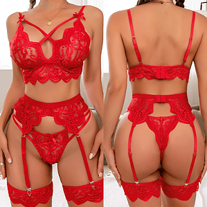 Conjunto de Lingerie em Renda Floral - Sutiã 3/4, Calcinha e Liga-Coxas | Transparente e Ajustável | Tamanho Único