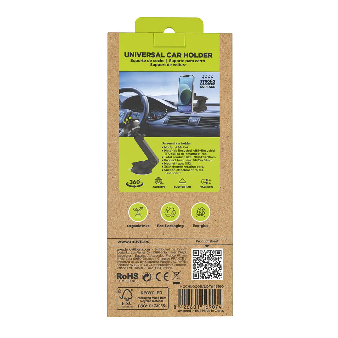 Suporte para Carro Universal Muvit Preto | Ajustável e Giratório 360º | Smartphones 4.7