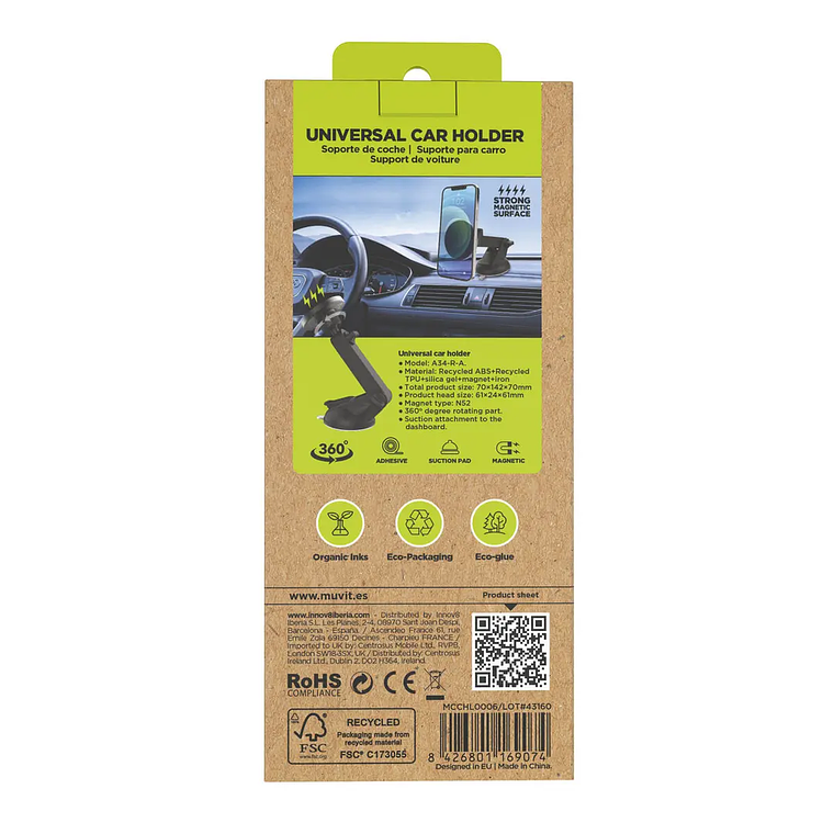 Suporte para Carro Universal Muvit Preto | Ajustável e Giratório 360º | Smartphones 4.7