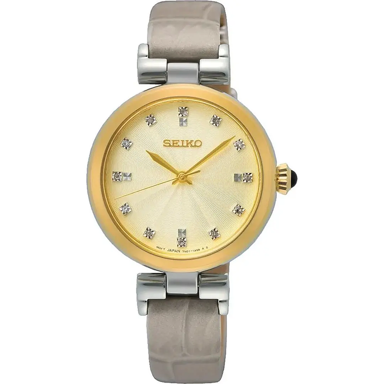 Relógio Feminino Seiko SRZ546P1 - Caixa 30mm Aço, Pulso de Couro Cinza, Esfera Dourada, Quartzo 1