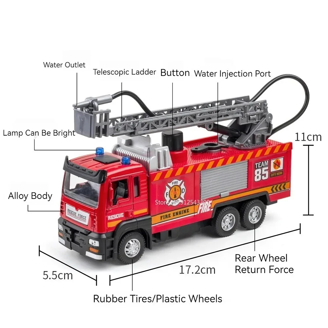 Camião de Bombeiros 1:32 com Escada e Água Sprinkler DUFFDUN - Carrinho de Metal, Som, Luzes, Portas Abríveis, Recolha Automática, Presente para Colecionadores e Crianças 3