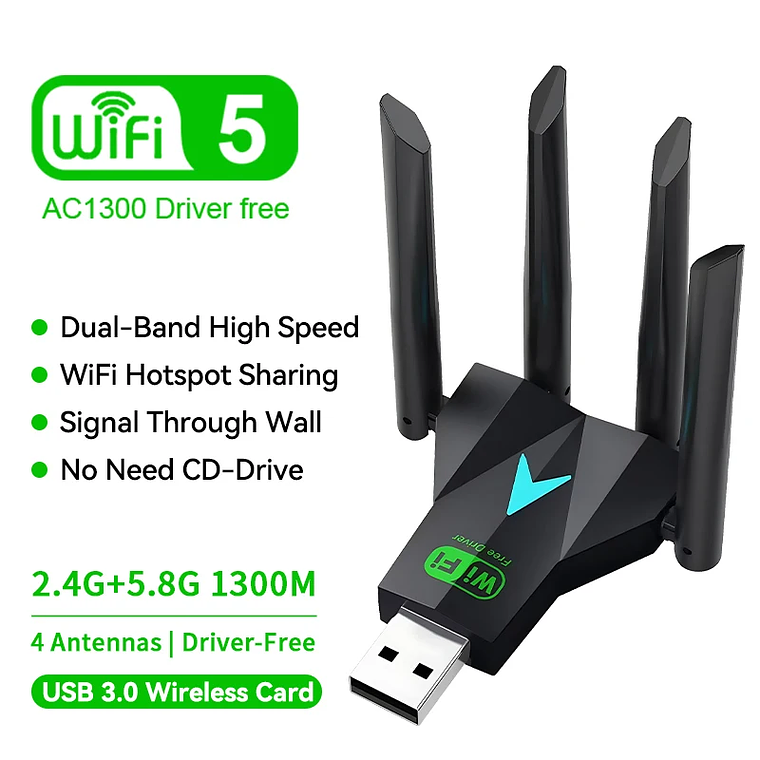Adaptador WiFi USB 3.0 Dual Band 1300Mbps VAORLO - Dongle 4 Antenas 2.4G/5G, 802.11ac, Plug and Play, para PC e Portátil 1