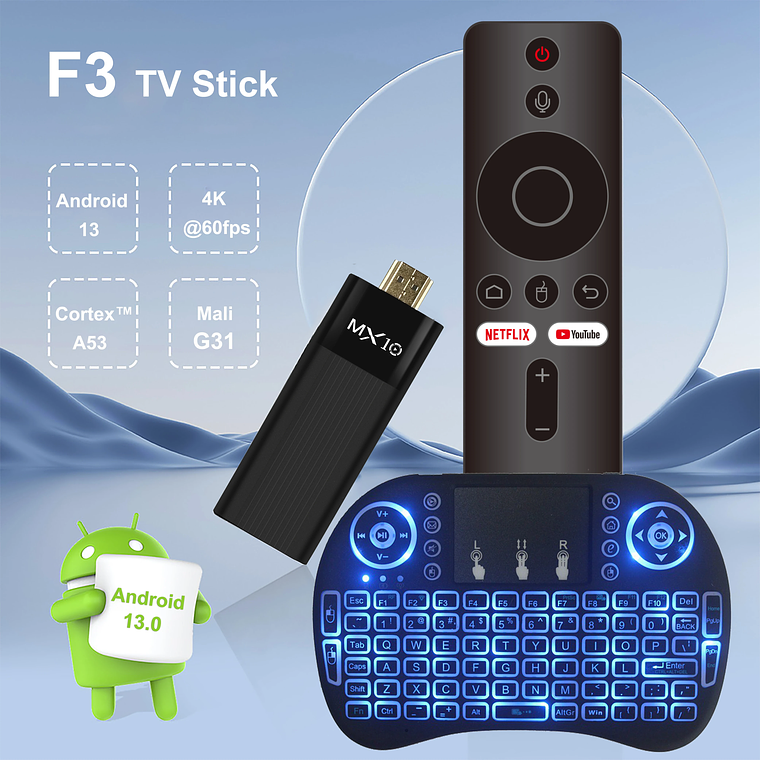 TV Stick Android MX10-F3 Ultra HD 4K - Mini PC TV com Android 10, 2GB RAM, 16GB ROM, Dual WiFi 2.4/5G, Quad Core, Inclui Controlo Remoto 5