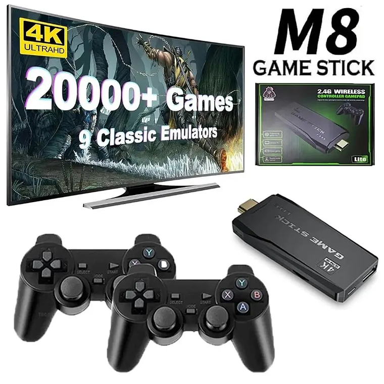 Consola de Videojogos Retro 4K com 20.000 Jogos Pré-instalados - Mini Game Stick HDMI, 2 Comandos Sem Fios, para TV, Monitor ou Projetor 1