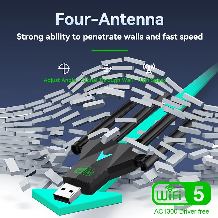 Adaptador WiFi USB 3.0 Dual Band 1300Mbps VAORLO - Dongle 4 Antenas 2.4G/5G, 802.11ac, Plug and Play, para PC e Portátil 5