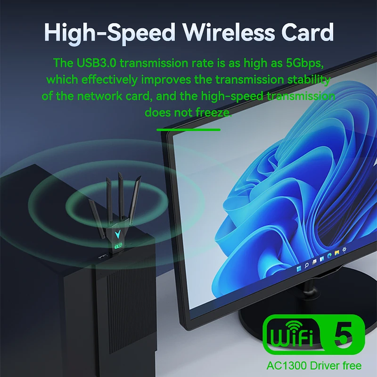 Adaptador WiFi USB 3.0 Dual Band 1300Mbps VAORLO - Dongle 4 Antenas 2.4G/5G, 802.11ac, Plug and Play, para PC e Portátil 6