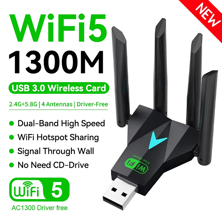 Adaptador WiFi USB 3.0 Dual Band 1300Mbps VAORLO - Dongle 4 Antenas 2.4G/5G, 802.11ac, Plug and Play, para PC e Portátil 7