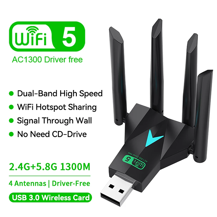 Adaptador WiFi USB 3.0 Dual Band 1300Mbps VAORLO - Dongle 4 Antenas 2.4G/5G, 802.11ac, Plug and Play, para PC e Portátil 8