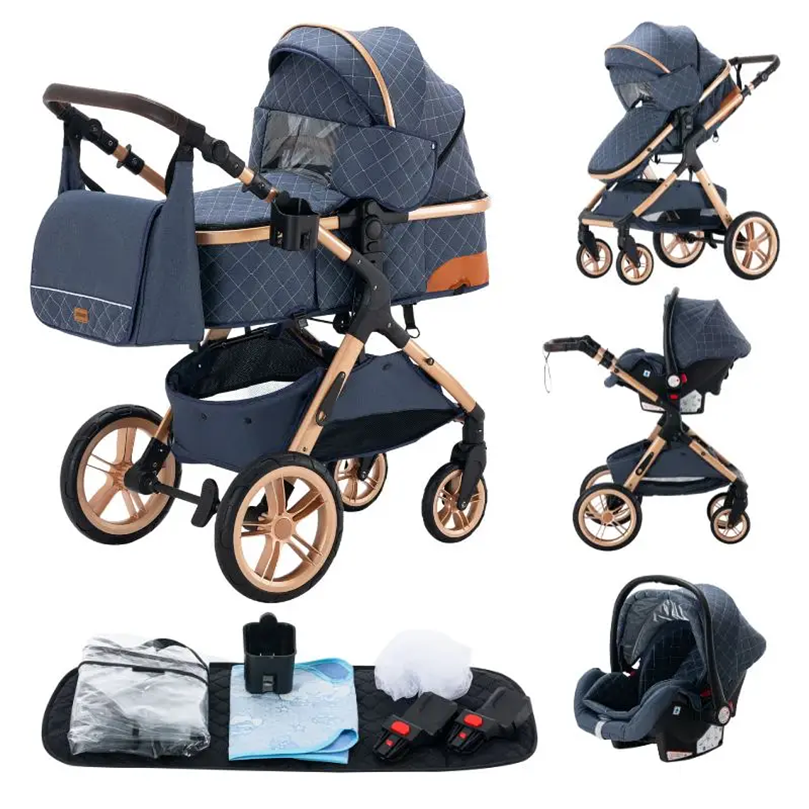 Baby Stroller 3 in 1 Portable Travel Luxurious Baby Carriage High Landscape Fold Pram Aluminum Frame Multifunctional Stroller 12