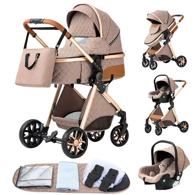 Baby Stroller 3 in 1 Portable Travel Luxurious Baby Carriage High Landscape Fold Pram Aluminum Frame Multifunctional Stroller 15