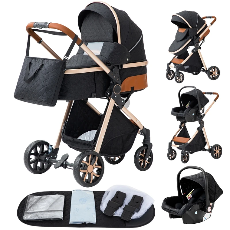 Baby Stroller 3 in 1 Portable Travel Luxurious Baby Carriage High Landscape Fold Pram Aluminum Frame Multifunctional Stroller 17