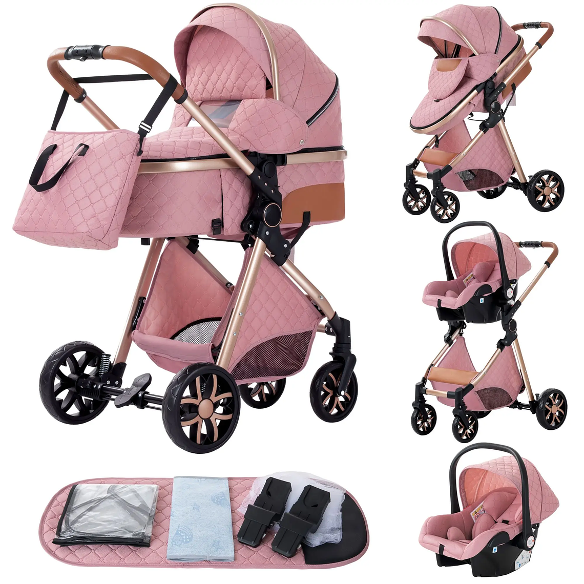 Baby Stroller 3 in 1 Portable Travel Luxurious Baby Carriage High Landscape Fold Pram Aluminum Frame Multifunctional Stroller 18