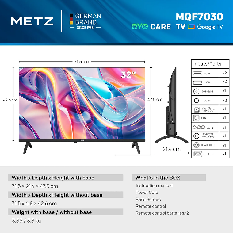 TV Smart Metz QLED 32 Polegadas (2025) - 32MQF7030Z, Google TV, HDR10, Dolby Audio, EyeCare 2