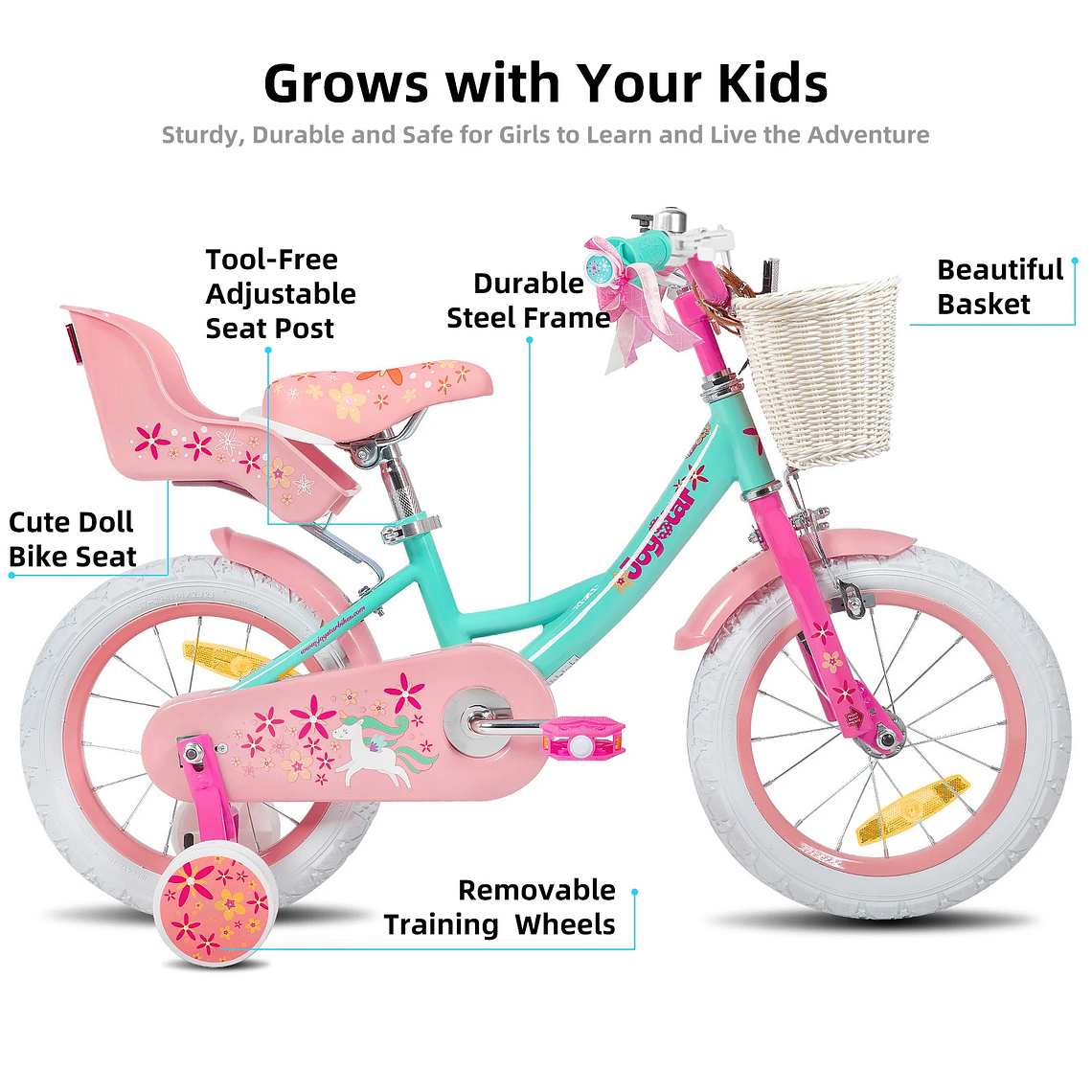 Joystar Girls' Bicycle - 12 to 18 inches, with training wheels, basket and doll seat, for ages 2-9. 5