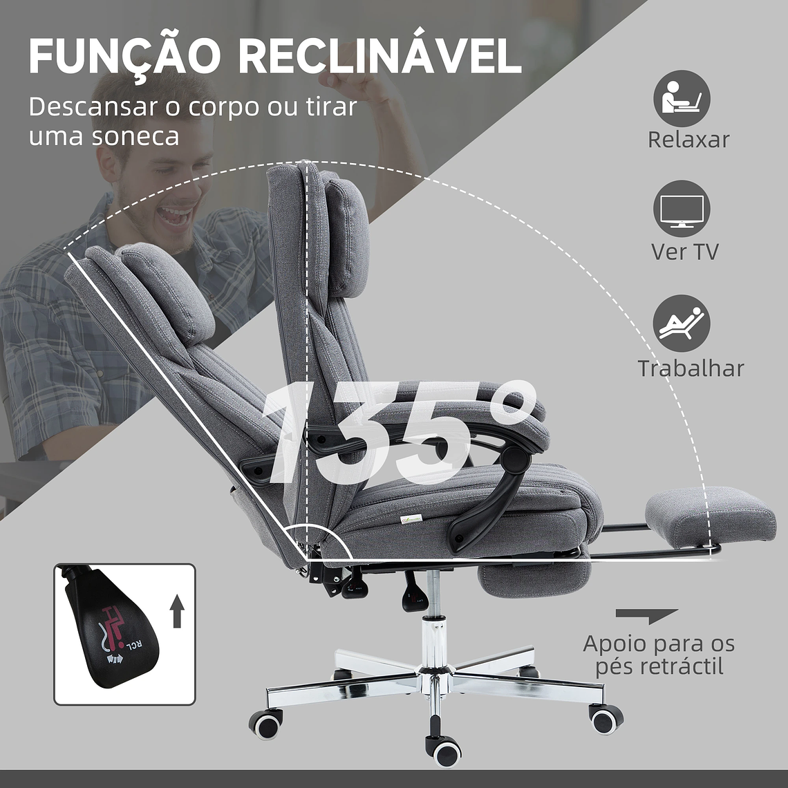 Cadeira de Escritório com Massagem por Vibração Vinsetto - 6 Pontos de Massagem, Reclinável, Altura Ajustável 101-113 cm, Cinza Escuro 6