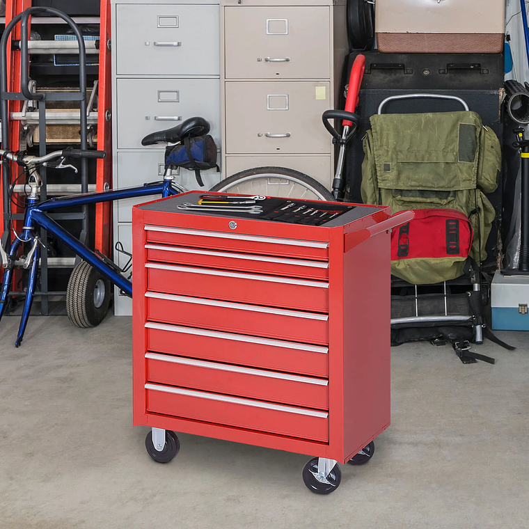 DURHAND Workshop Tool Cart with 5 Drawers and Wheels - Mobile Organizer in Sturdy Steel, 69x33x77.2 cm, Red 2