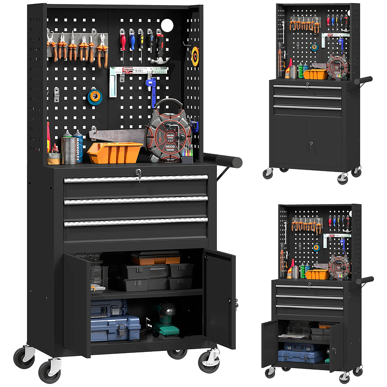 HOMCOM Tool Cart with 3 Drawers, Perforated Panel and Lock - Mobile Organizer with Adjustable Shelf and 2 Wheels, for Workshop or Garage 4